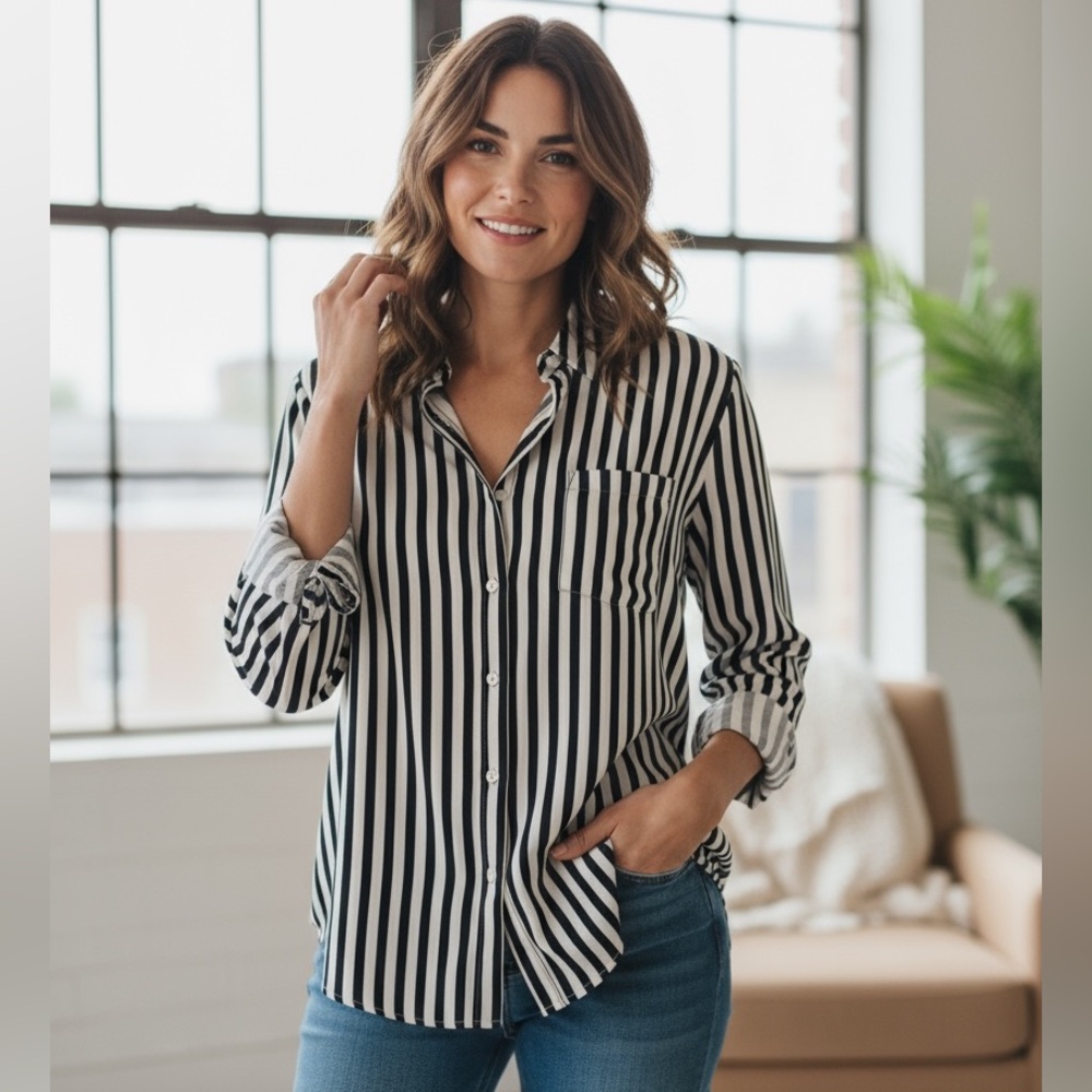 Jane & Delancey stripe top size M 100% Rayon navy & white
